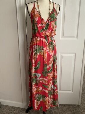 palm print with red strappy open back maxi vintage 90’s